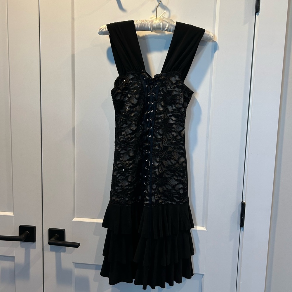 Black Tiered Ruffled Mini Dress with V-neck for Cocktail